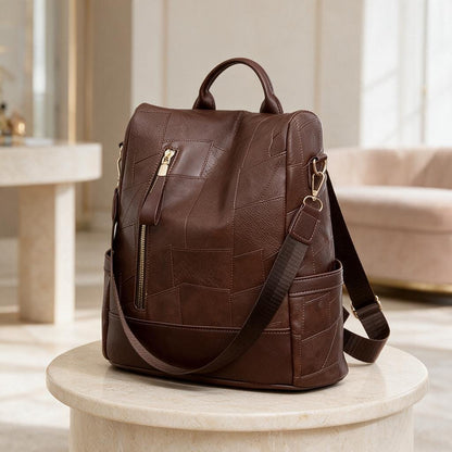 Brown Patchwork Backpack, Women's Casual Backpack, Vintage Style Daypack, Everyday Brown Bag, Multi Pocket City Backpack