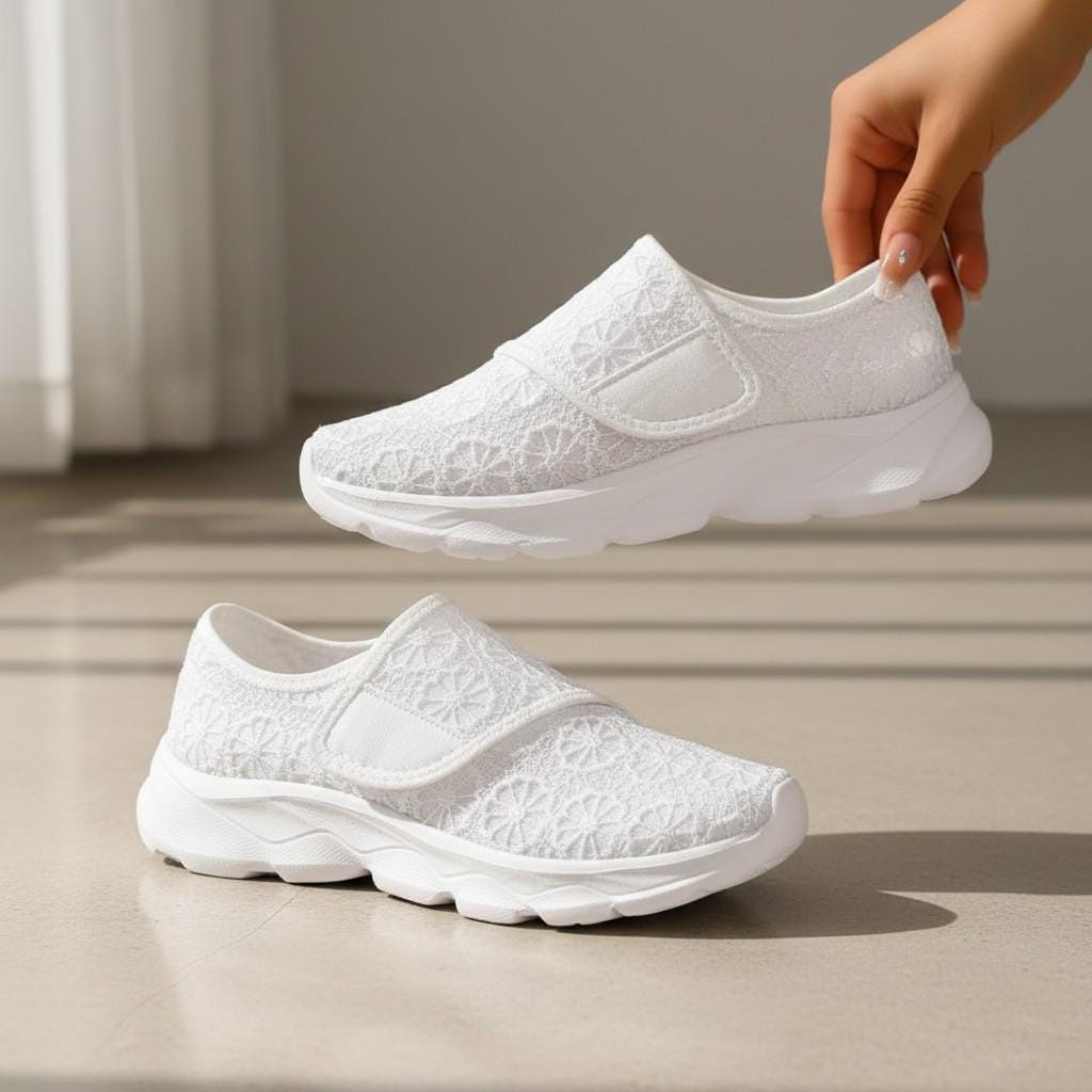 White Floral Mary Jane Sneakers, Mesh Slip On Shoes, Women's Casual Summer Shoes
