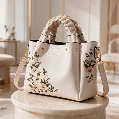Floral Embroidered Tote Bag, White Shoulder Bag, Braided Handle Purse, Crossbody Bag, Women's Floral Handbag, Gift for Her