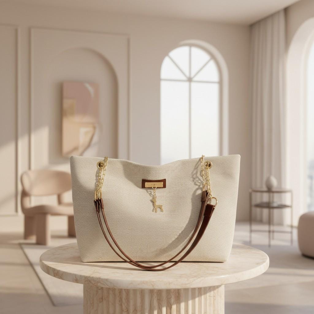 Cream Tote Bag, Large Shoulder Purse for Women, Brown Handle Handbag, Spacious Everyday Bag