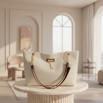 Cream Tote Bag, Large Shoulder Purse for Women, Brown Handle Handbag, Spacious Everyday Bag