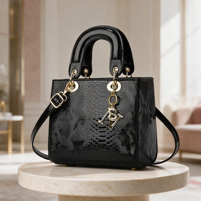 Black Snake Texture Handbag, Structured Satchel Purse, Glossy Shoulder Bag, Top Handle Crossbody Bag, Elegant Women's Bag