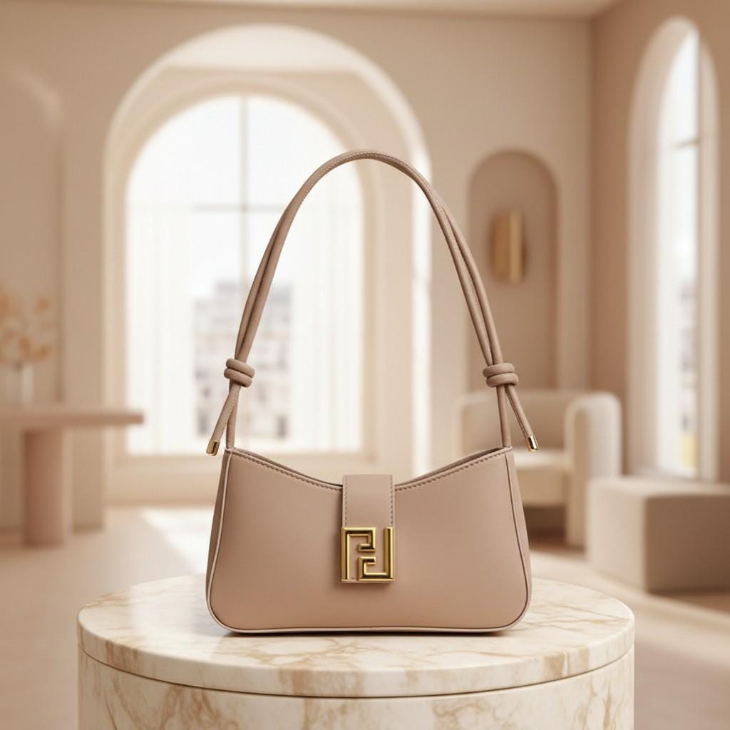 Taupe Baguette Shoulder Bag, Beige Handbag, Gold Clasp Purse, Y2K Underarm Bag, Minimalist Everyday Bag