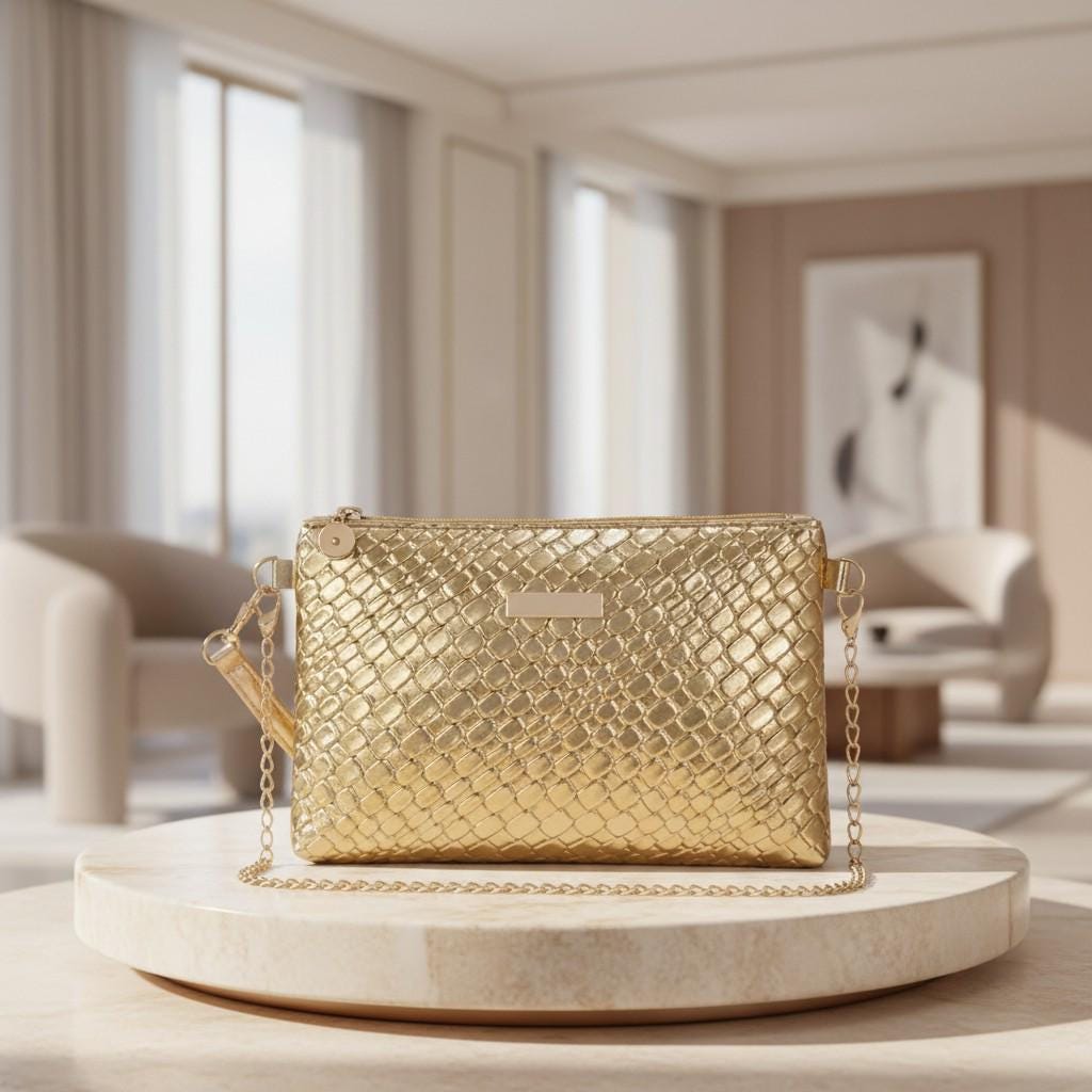Metallic Gold Clutch Bag, Woven Gold Crossbody Purse, Chain Shoulder Bag, Gold Evening Handbag, Elegant Party Purse