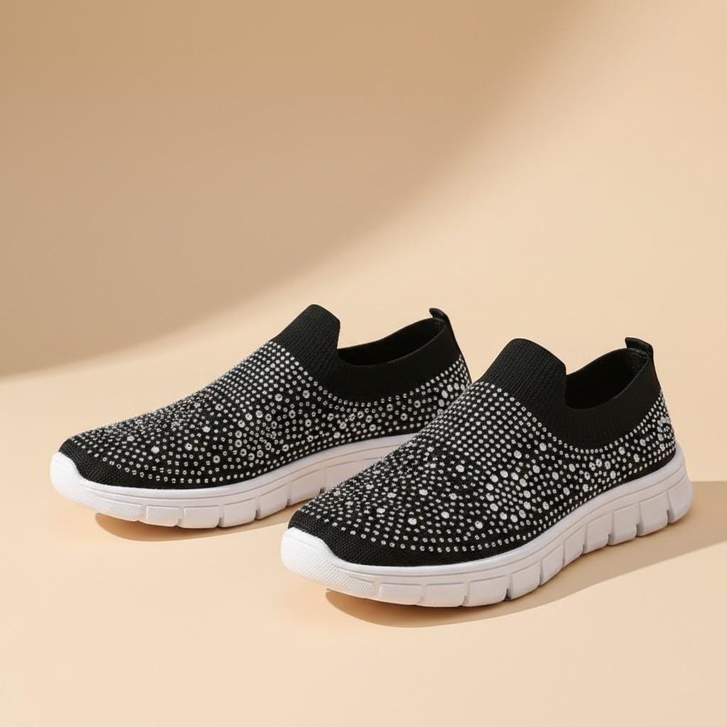 Black Rhinestone Slip On Sneakers, Women's Sparkle Knit Shoes, Casual Bling Sneakers