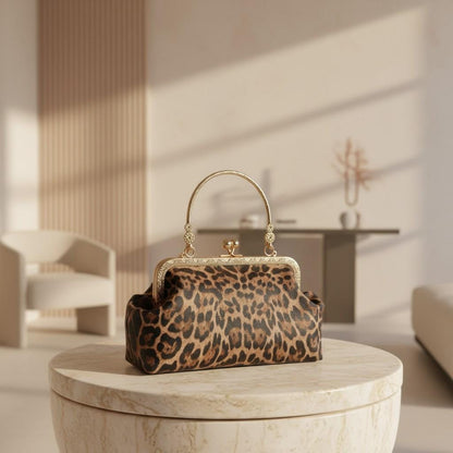 Leopard Print Frame Bag, Vintage Kiss Lock Handbag for Women, Animal Print Purse, Small Top Handle Bag