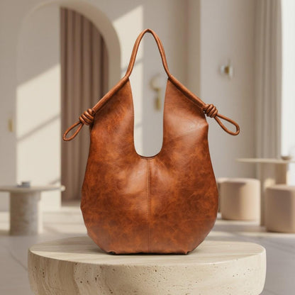 Brown Hobo Shoulder Bag, Slouchy Large Purse, Cognac Everyday Handbag, Boho Shoulder Bag, Knot Detail Tote, Women's Bag