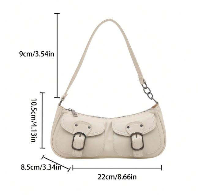 Cream Buckle Shoulder Bag, Y2K Double Pocket Purse, Ivory Baguette Handbag, Retro 90s Bag