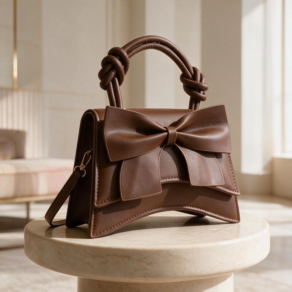 Brown Bow Handbag, Structured Top Handle Purse, Large Bow Shoulder Bag, Elegant Crossbody Bag, Feminine Brown Purse