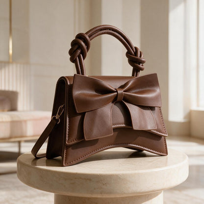 Brown Bow Handbag, Structured Top Handle Purse, Large Bow Shoulder Bag, Elegant Crossbody Bag, Feminine Brown Purse