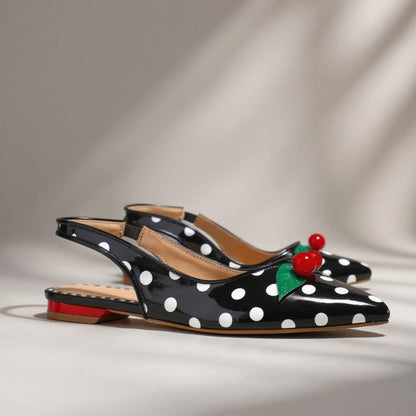 Black Cherry Slingback Flats, Polka Dot Shoes, Red Cherry Embellished Pointed Toe Flats, Retro Pin Up Shoes