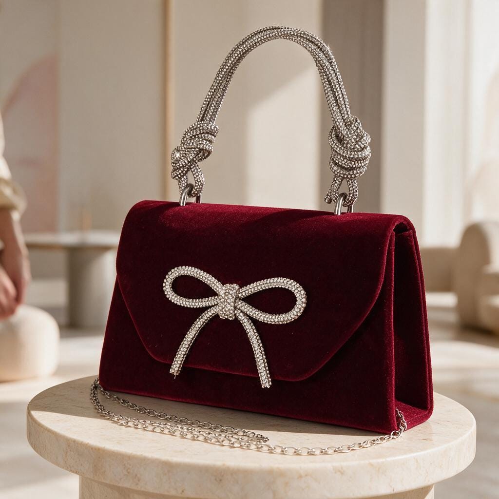 Burgundy Velvet Clutch, Rhinestone Bow Purse, Elegant Evening Bag, Wedding Guest Purse, Bridal Party Handbag