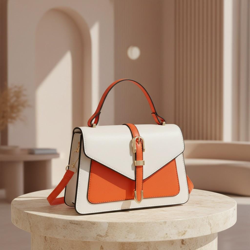 White Orange Colorblock Handbag, Top Handle Crossbody Bag, Buckle Flap Purse, Structured Shoulder Bag, Chic Everyday Bag