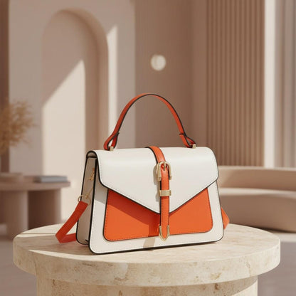 White Orange Colorblock Handbag, Top Handle Crossbody Bag, Buckle Flap Purse, Structured Shoulder Bag, Chic Everyday Bag