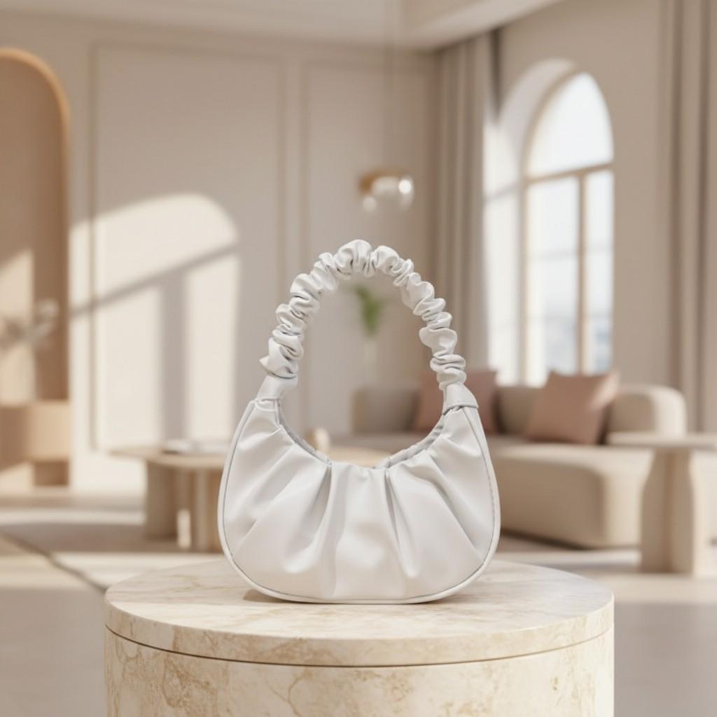 White Ruched Shoulder Bag, Gathered Crescent Purse, Scrunchie Handle Handbag, Minimalist Underarm Bag, Trendy Everyday Purse