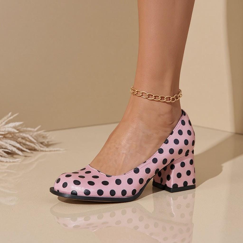 Pink Polka Dot Heels, Retro Block Heel Pumps, Black Spot Dress Shoes