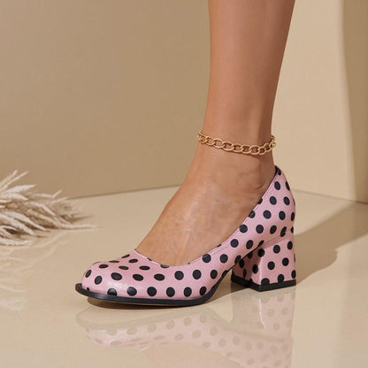 Pink Polka Dot Heels, Retro Block Heel Pumps, Black Spot Dress Shoes