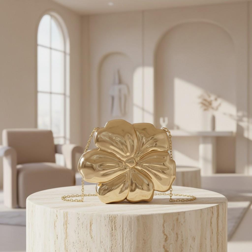 Gold Flower Clutch Bag, Metallic Statement Purse, 3D Floral Evening Bag, Chain Shoulder Bag