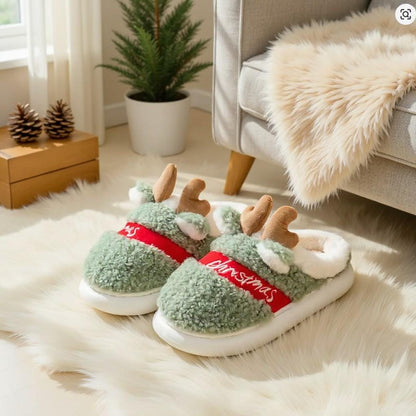 Reindeer Christmas Slippers, Green Fuzzy Plush House Shoes, Cozy Holiday Slippers