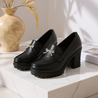 Black Heeled Loafers, Rhinestone Bow Shoes, Chunky Block Heel Loafers, Lug Sole Dress Shoes