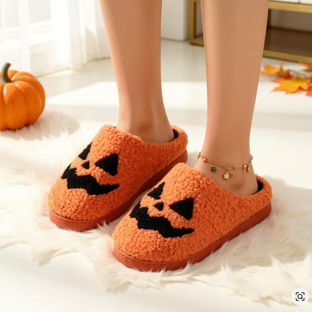 Pumpkin Slippers, Halloween Jack O Lantern House Shoes, Cozy Fuzzy Slippers