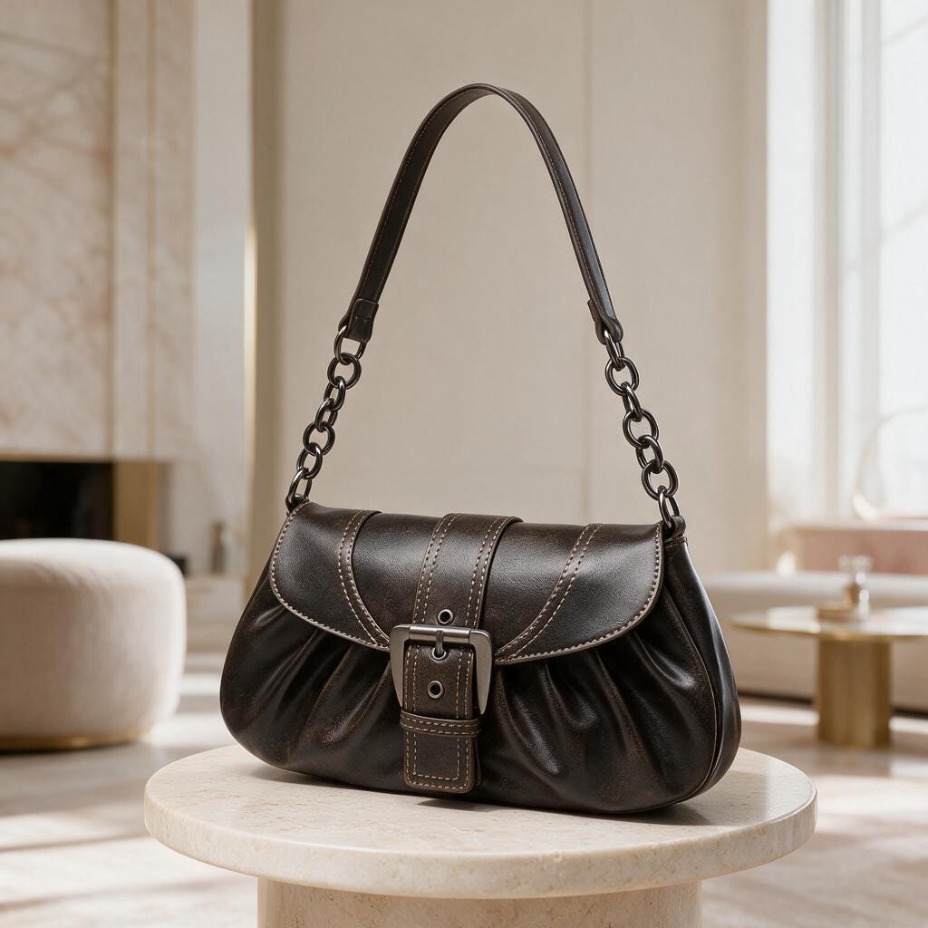 Black Buckle Shoulder Bag, Y2K Chain Purse, Ruched Handbag, Retro Baguette Bag