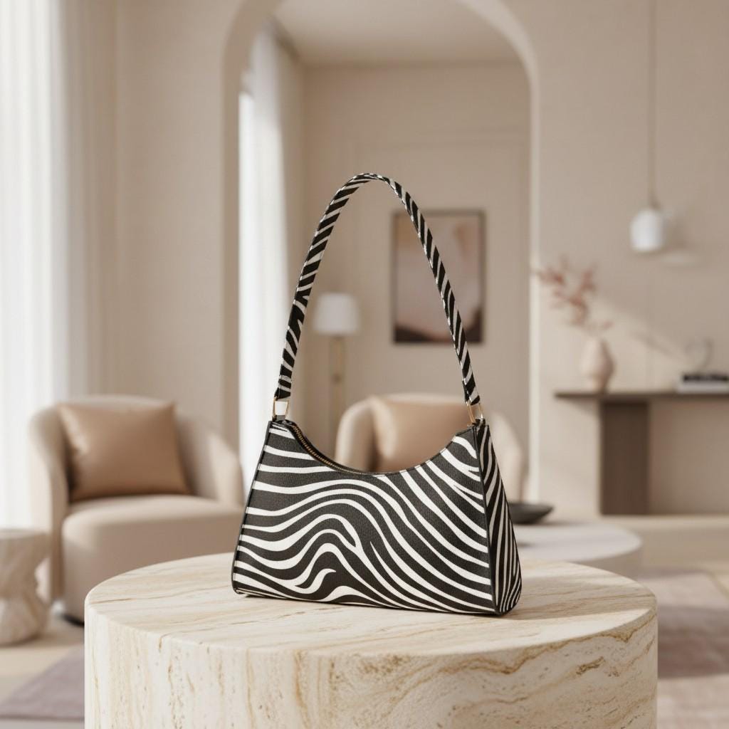 Zebra Print Shoulder Bag, Black White Baguette Purse, Y2K Animal Print Handbag, Zebra Underarm Bag, Retro Women's Purse