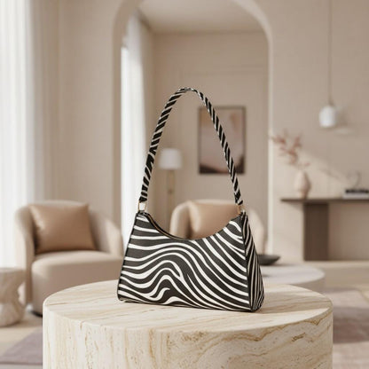 Zebra Print Shoulder Bag, Black White Baguette Purse, Y2K Animal Print Handbag, Zebra Underarm Bag, Retro Women's Purse