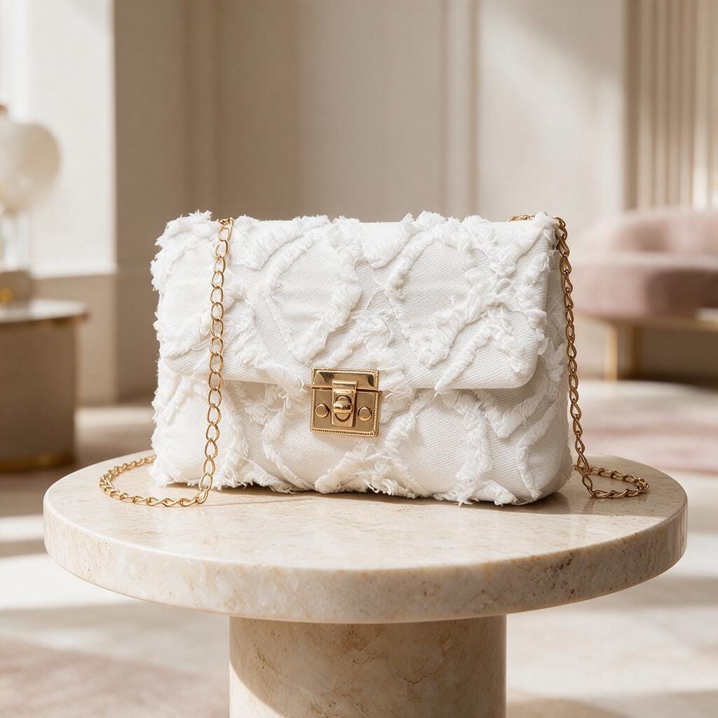 White Frayed Shoulder Bag, Distressed Flap Purse, Ivory Crossbody Bag, Textured Chain Handbag, Casual Boho Purse