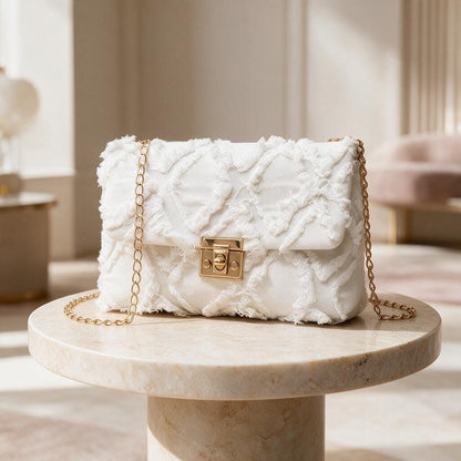 White Frayed Shoulder Bag, Distressed Flap Purse, Ivory Crossbody Bag, Textured Chain Handbag, Casual Boho Purse