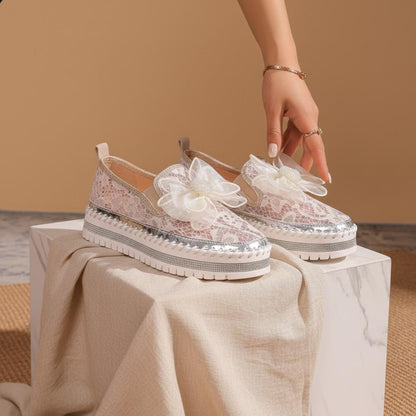 Floral Lace Bridal Shoes, Ivory Wedding Slip On Shoes, Flower Platform Sneakers