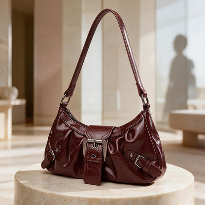 Burgundy Buckle Shoulder Bag, Y2K Baguette Purse, Glossy Handbag, Retro Small Bag