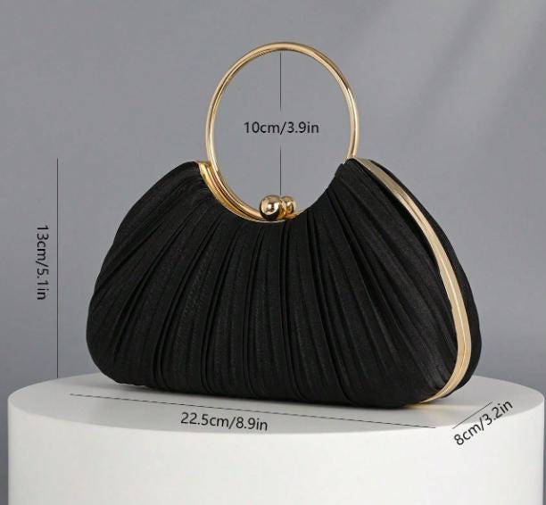 Black Pleated Clutch Bag, Ring Handle Evening Purse, Elegant Black Handbag, Shell Shape Party Bag, Wedding Guest Accessory