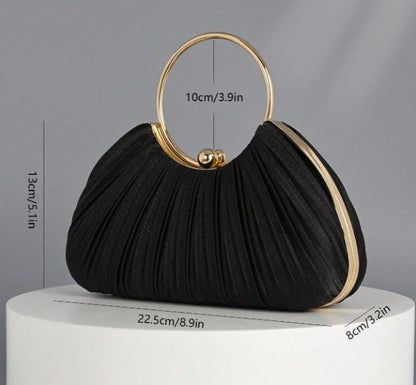 Black Pleated Clutch Bag, Ring Handle Evening Purse, Elegant Black Handbag, Shell Shape Party Bag, Wedding Guest Accessory