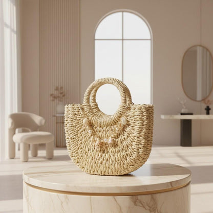 Woven Basket Bag, Natural Top Handle Purse, Boho Shell Charm Summer Handbag
