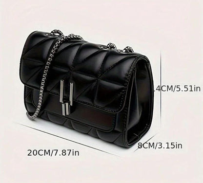Black Quilted Shoulder Bag, Chain Crossbody Purse, Flap Handbag, Structured Black Bag, Women's Everyday Purse