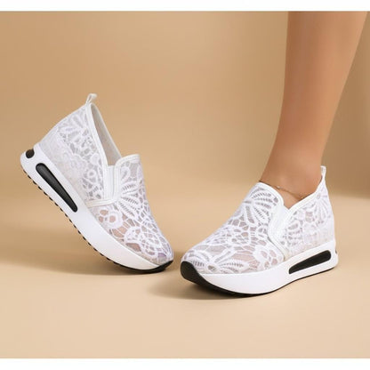 White Lace Wedge Sneakers, Women's Bridal Platform Shoes, Slip On Wedding Sneakers