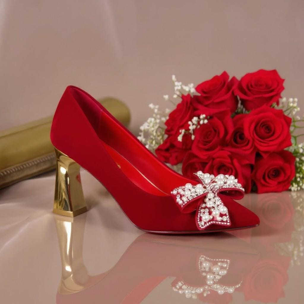 Red Bow Heels, Jeweled Pointed Toe Pumps, Pearl Embellished Block Heel Shoes