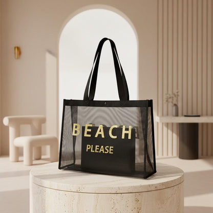Black Mesh Beach Tote Bag, Beach Bag Set with Pouch, Summer Vacation Tote, Poolside Travel Bag, Coastal Carryall