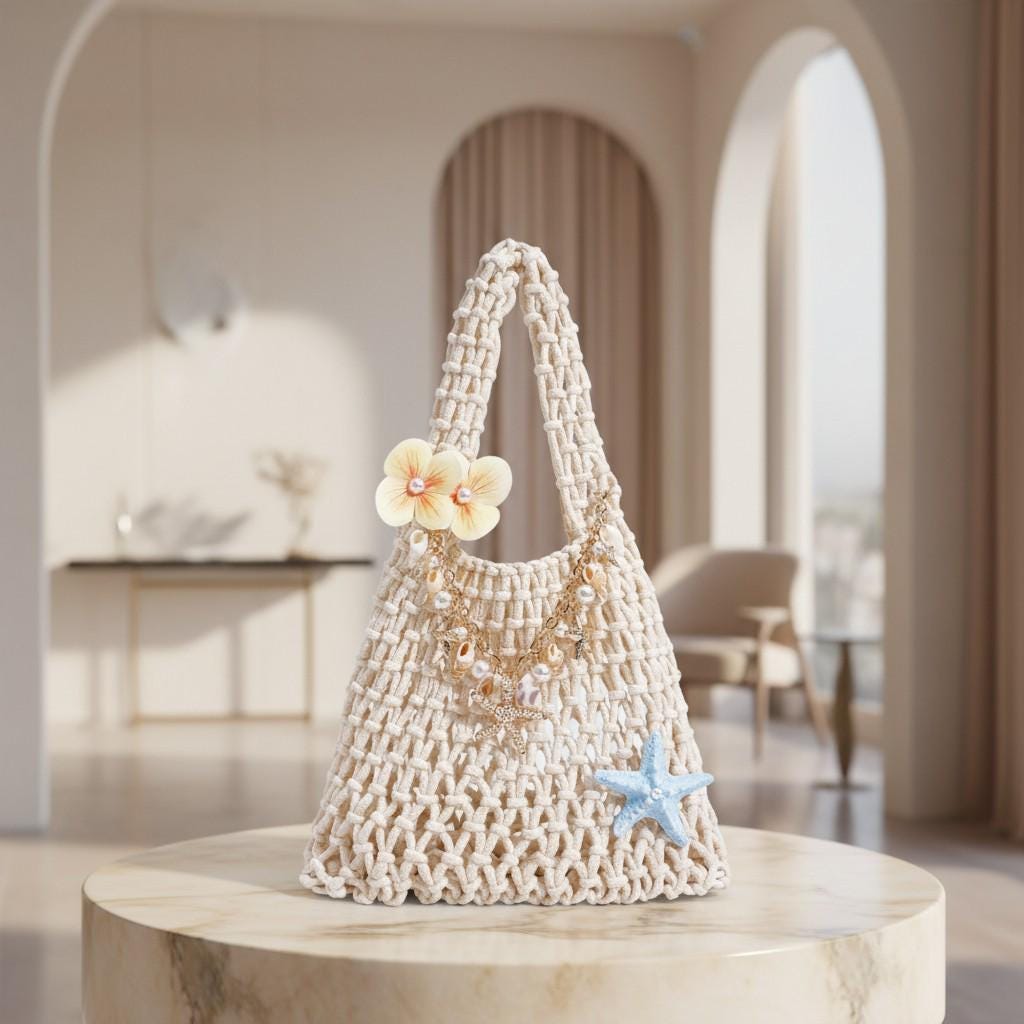 Crochet Beach Bag, Coastal Shoulder Bag, Boho Summer Purse, Shell Charm Bag, Starfish Pearl Handbag