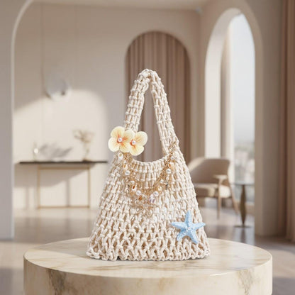 Crochet Beach Bag, Coastal Shoulder Bag, Boho Summer Purse, Shell Charm Bag, Starfish Pearl Handbag