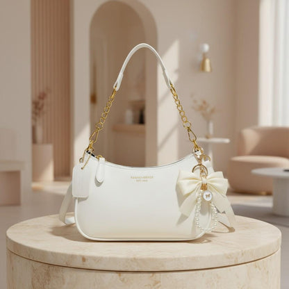 White Baguette Shoulder Bag, Bow Purse, Pearl Charm Handbag, Gold Chain Bag, Coquette Purse, Elegant Y2K Women's Handbag
