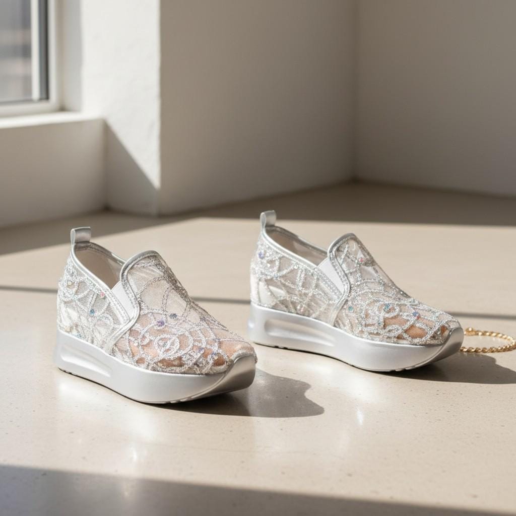 Silver Rhinestone Wedge Sneakers, Women's Sparkle Platform Wedding Shoes