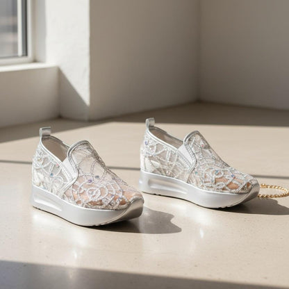 Silver Rhinestone Wedge Sneakers, Women's Sparkle Platform Wedding Shoes