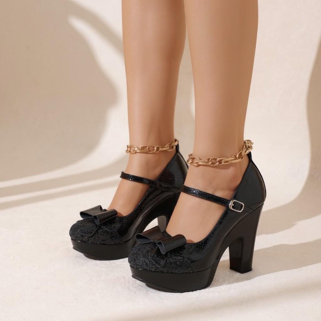 Black Mary Jane Heels, Bow Platform Pumps, Chunky Block Heel Dress Shoes