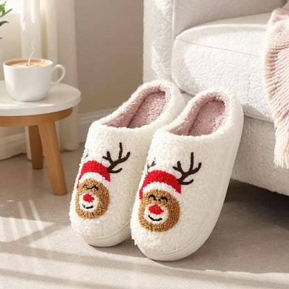 Reindeer Christmas Slippers, Fuzzy Plush House Shoes, Cozy Holiday Slippers