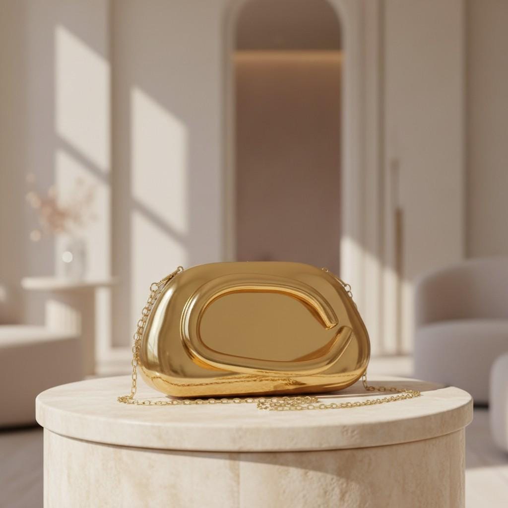 Metallic Gold Clutch Bag, Ring Handle Evening Purse, Gold Chain Shoulder Bag, Wedding Guest Clutch, Statement Party Bag
