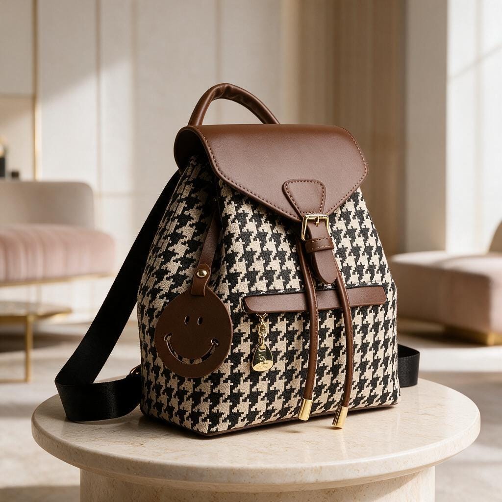 Houndstooth Backpack Purse, Women's Pattern Backpack, Brown Flap Mini Backpack, Stylish Everyday Bag