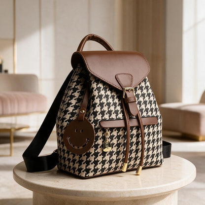 Houndstooth Backpack Purse, Women's Pattern Backpack, Brown Flap Mini Backpack, Stylish Everyday Bag