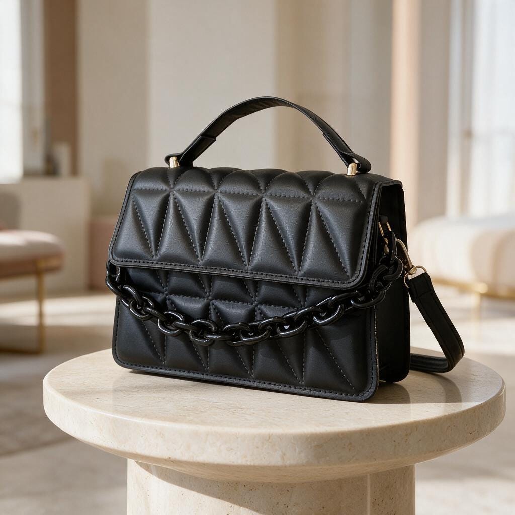 Black Quilted Handbag, Padded Flap Shoulder Bag, Chain Detail Purse, Top Handle Crossbody Bag, Elegant Womens Handbag